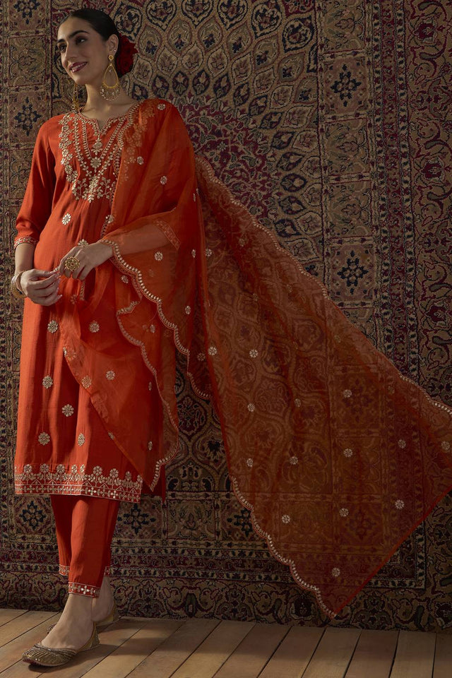 Orange Embroidered Silk Blend Kurti Pant Set (IDKH9OR12435)