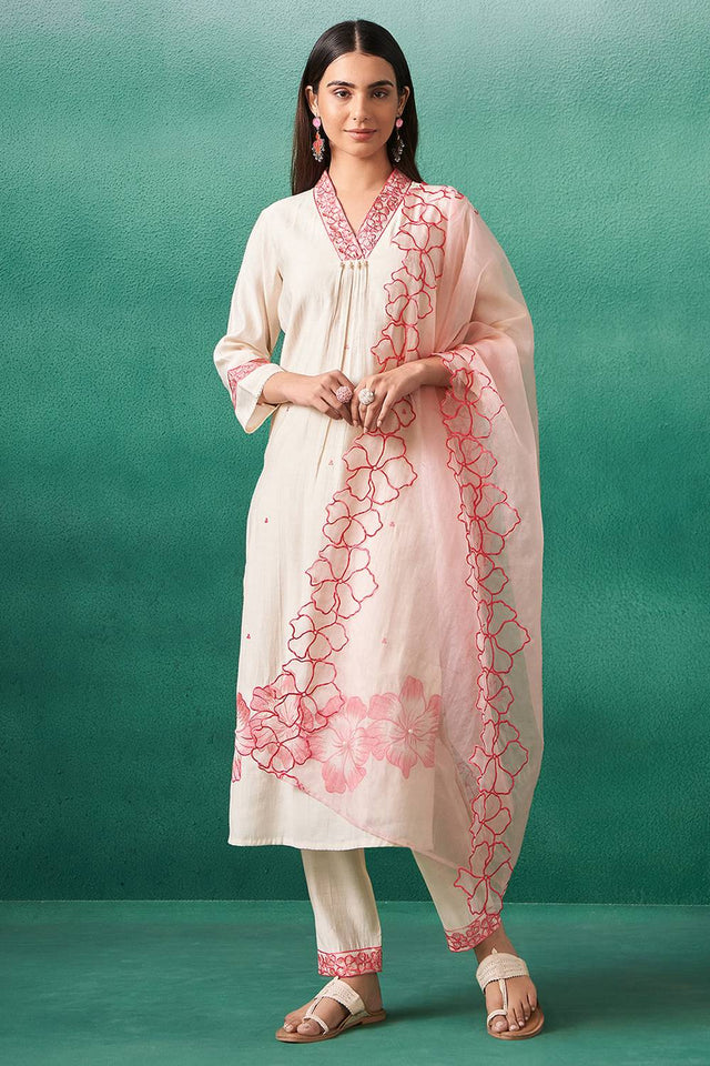 Off White Floral Printed Silk Blend Kurti Pant Set (IDKH9OW11115)