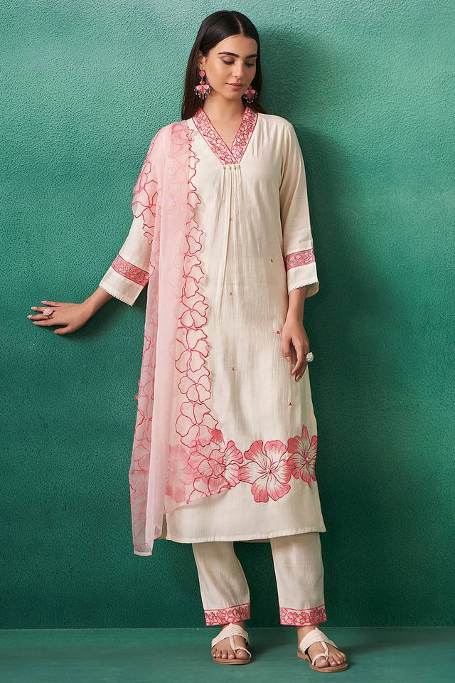 Off White Floral Printed Silk Blend Kurti Pant Set (IDKH9OW11115)