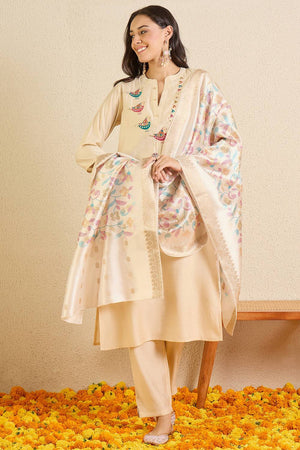 Off White Embroidered Silk Blend Kurti Pant Set (IDKH9OW12200)
