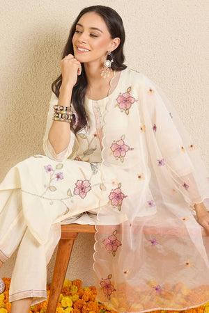 Off White Floral Embroidered Silk Blend Kurti Pant Set (IDKH9OW12429)
