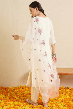 Off White Floral Embroidered Silk Blend Kurti Pant Set (IDKH9OW12429)