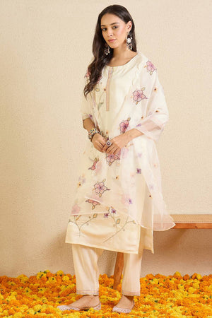 Off White Floral Embroidered Silk Blend Kurti Pant Set (IDKH9OW12429)