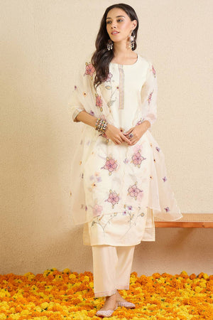 Off White Floral Embroidered Silk Blend Kurti Pant Set (IDKH9OW12429)