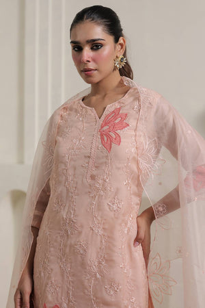 Peach Embroidered Organza Kurti Pant Set (IDKH9PH11446)