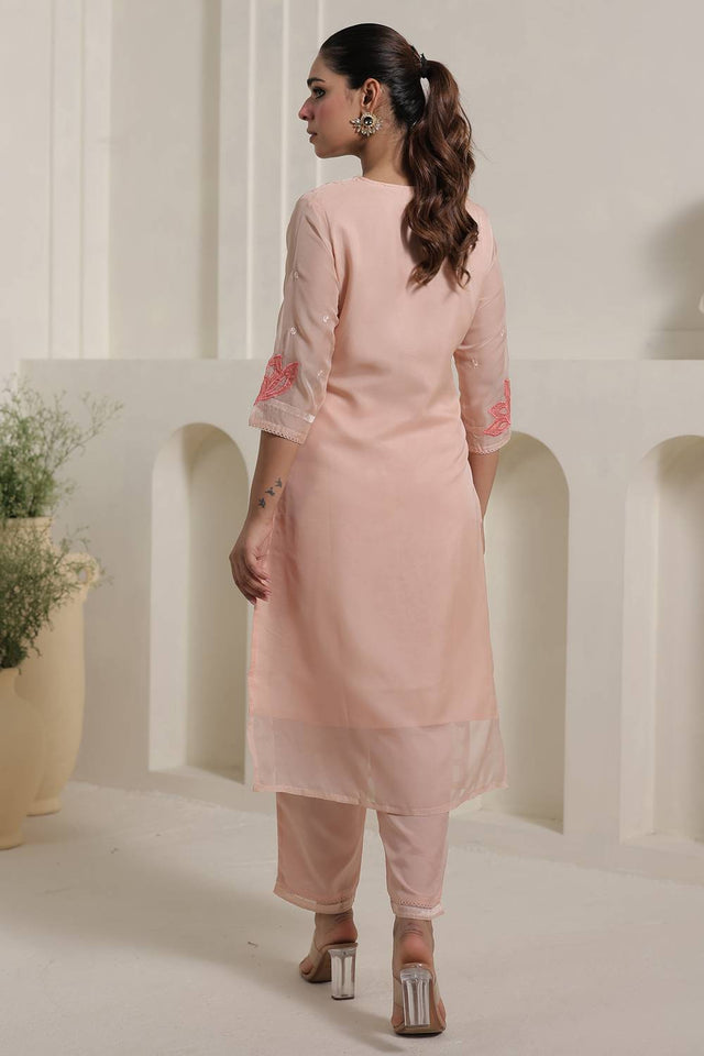 Peach Embroidered Organza Kurti Pant Set (IDKH9PH11446)