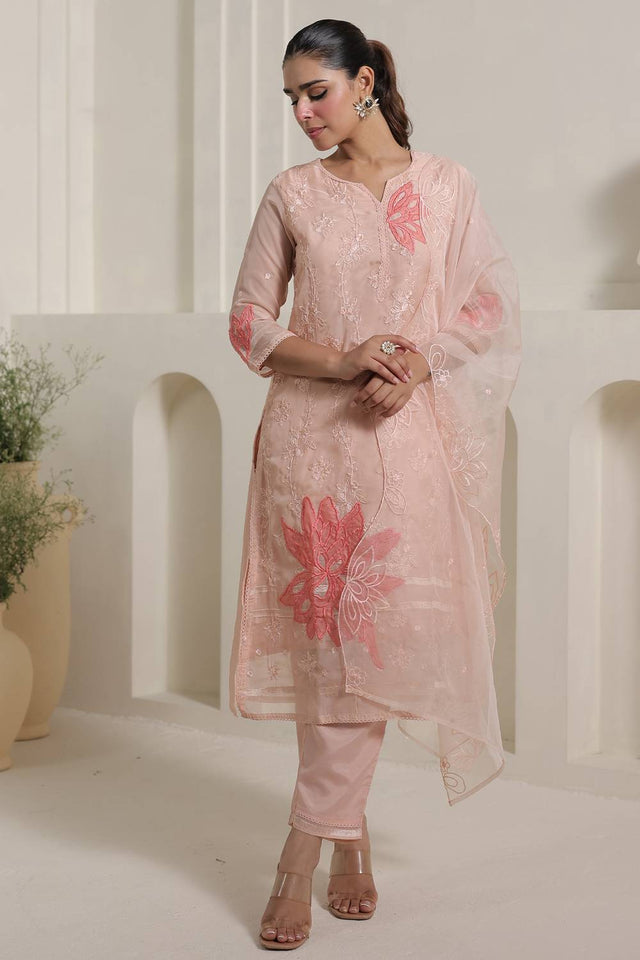 Peach Embroidered Organza Kurti Pant Set (IDKH9PH11446)