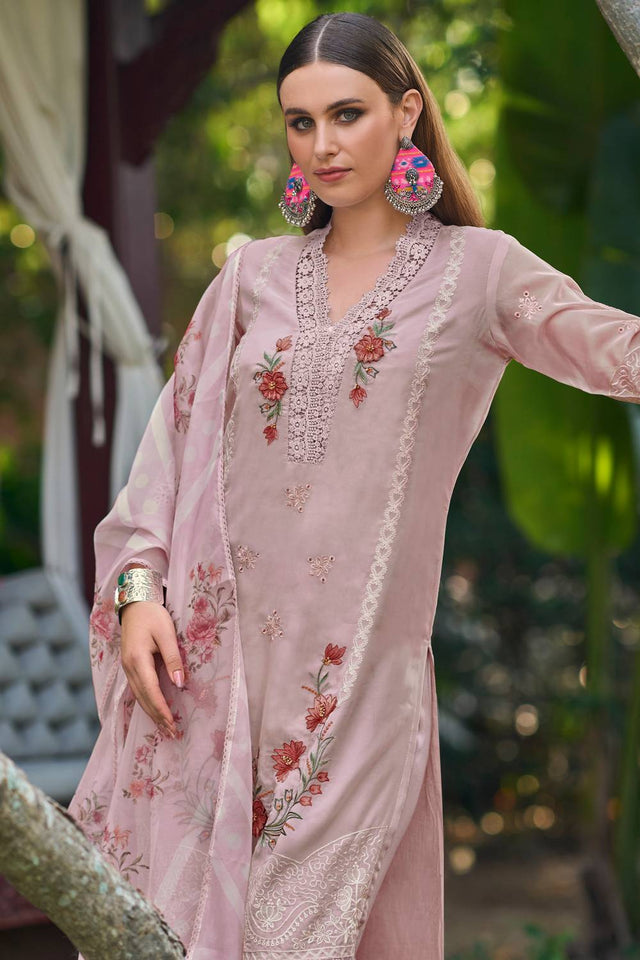 Pink Embroidered Silk Blend Kurti Pant Set (IDKH9PK10322)