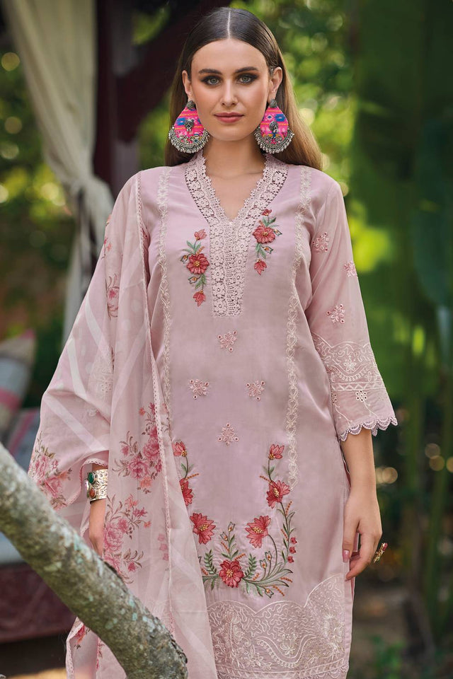 Pink Embroidered Silk Blend Kurti Pant Set (IDKH9PK10322)