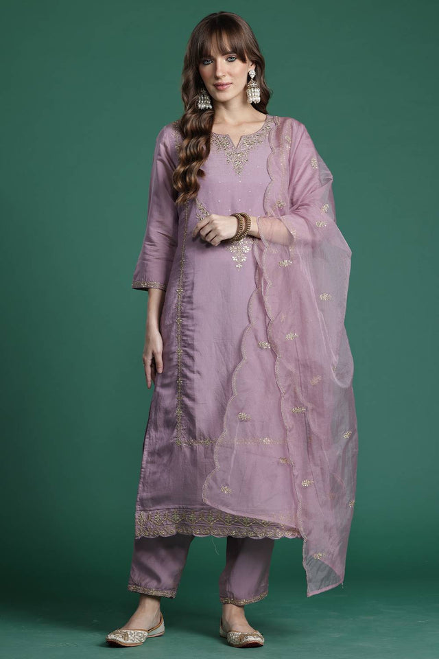 Pink Embroidered Silk Blend Kurti Pant Set (IDKH9PK10354)