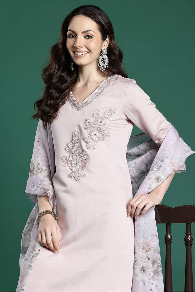 Pink Embroidered Silk Blend Kurti Pant Set (IDKH9PK11060)
