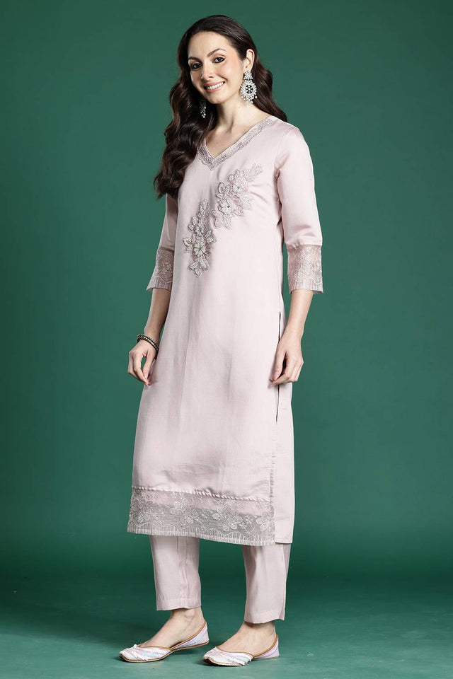 Pink Embroidered Silk Blend Kurti Pant Set (IDKH9PK11060)