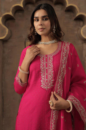 Pink Embroidered Chanderi Kurti Pant Set (IDKH9PK11229)