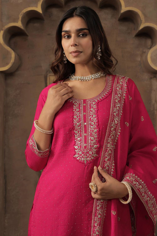 Pink Embroidered Chanderi Kurti Pant Set (IDKH9PK11229)