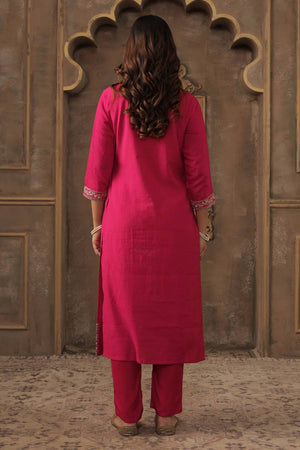Pink Embroidered Chanderi Kurti Pant Set (IDKH9PK11229)