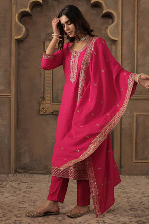 Pink Embroidered Chanderi Kurti Pant Set (IDKH9PK11229)