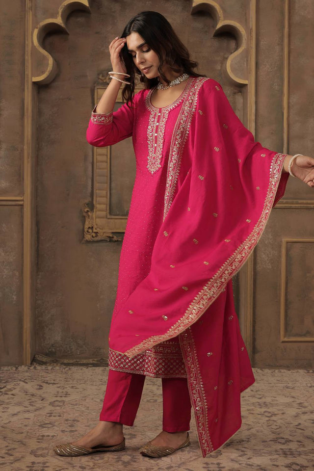 Pink Embroidered Chanderi Kurti Pant Set (IDKH9PK11229)
