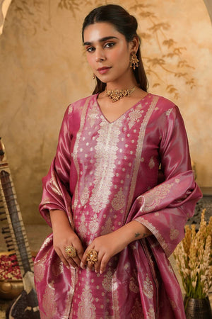 Pink Floral Woven Silk Blend Kurti Pant Set (IDKH9PK11541)