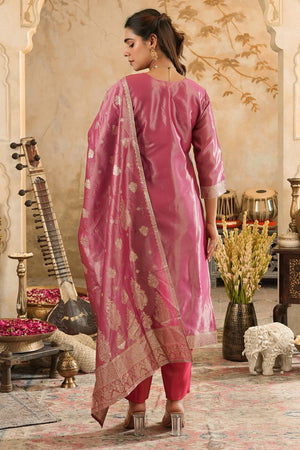 Pink Floral Woven Silk Blend Kurti Pant Set (IDKH9PK11541)