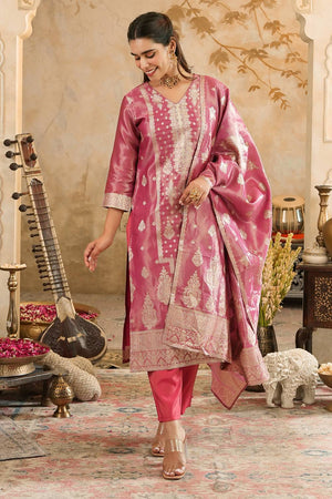 Pink Floral Woven Silk Blend Kurti Pant Set (IDKH9PK11541)