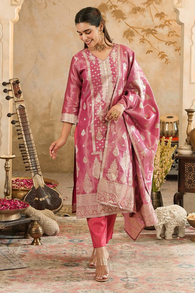 Pink Floral Woven Silk Blend Kurti Pant Set (IDKH9PK11541)