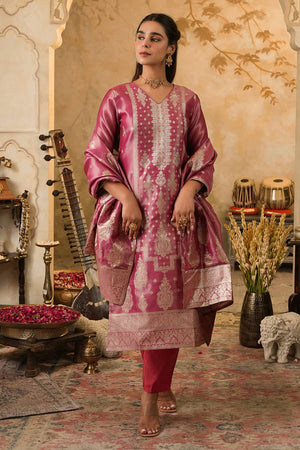 Pink Floral Woven Silk Blend Kurti Pant Set (IDKH9PK11541)