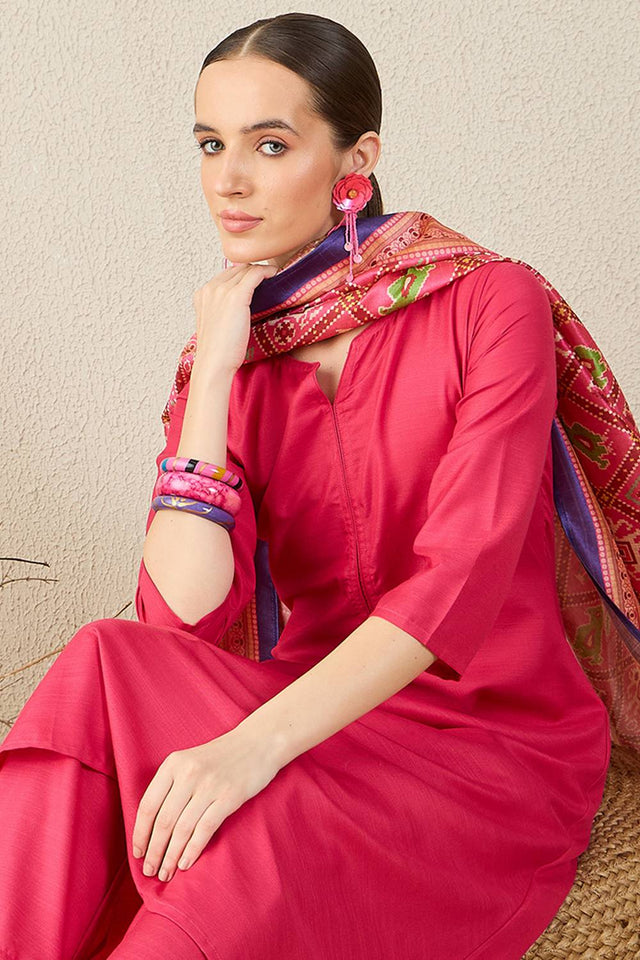 Pink Solid Cotton Blend Kurti Pant Set (IDKH9PK11637)