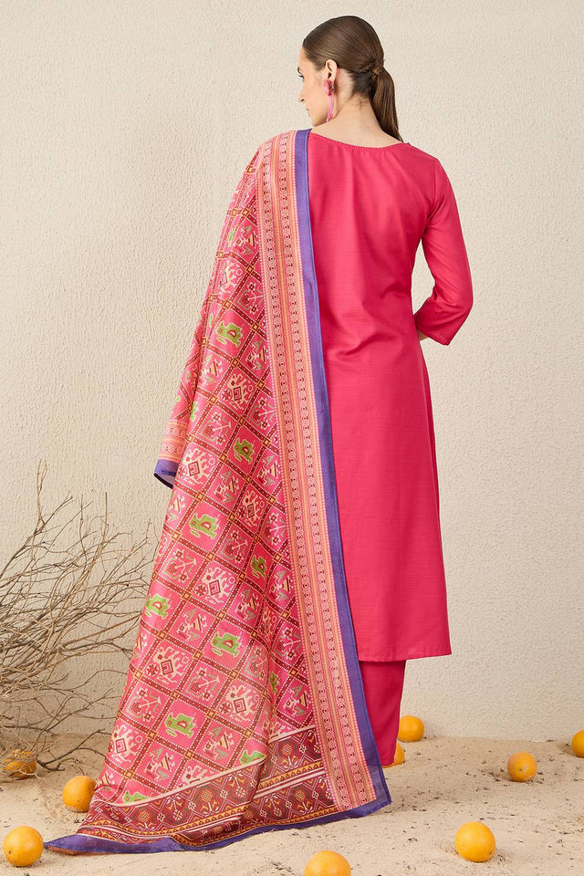Pink Solid Cotton Blend Kurti Pant Set (IDKH9PK11637)