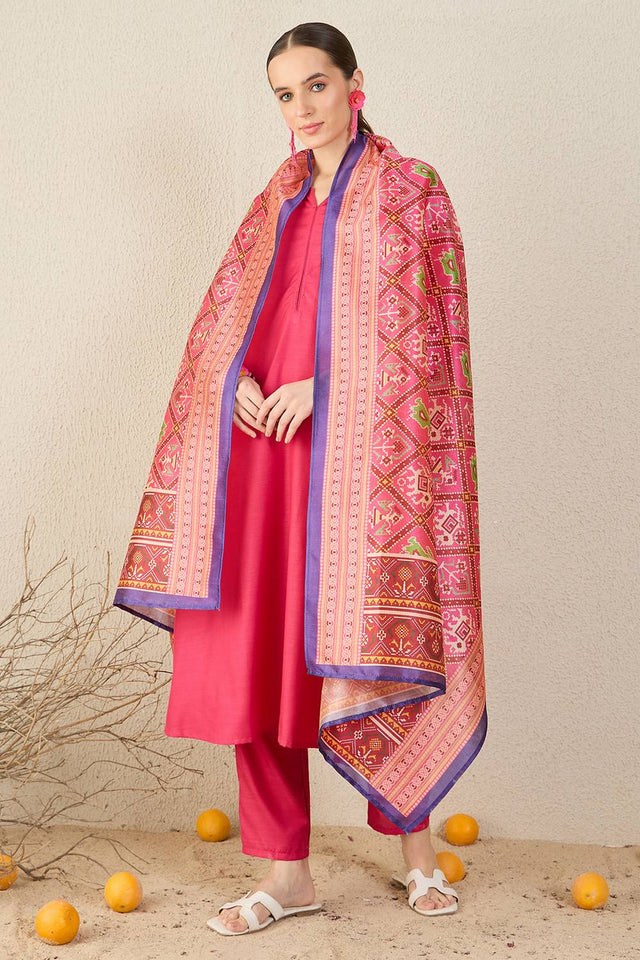 Pink Solid Cotton Blend Kurti Pant Set (IDKH9PK11637)