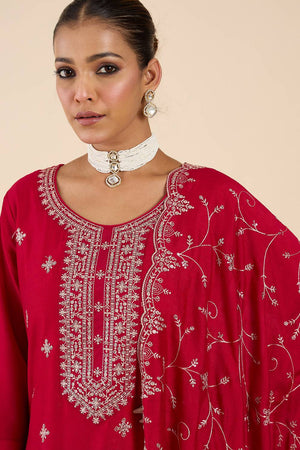 Pink Embroidered Silk Blend Kurti Pant Set (IDKH9PK11867)