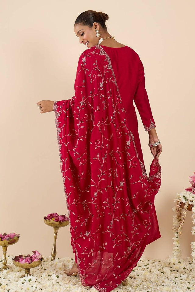 Pink Embroidered Silk Blend Kurti Pant Set (IDKH9PK11867)