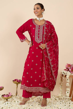 Pink Embroidered Silk Blend Kurti Pant Set (IDKH9PK11867)