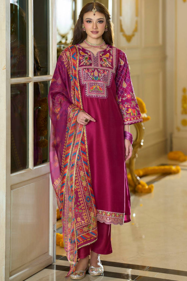 Pink Embroidered Silk Blend Kurti Pant Set (IDKH9PK12103)