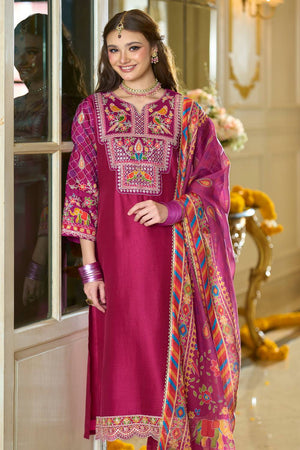 Pink Embroidered Silk Blend Kurti Pant Set (IDKH9PK12103)