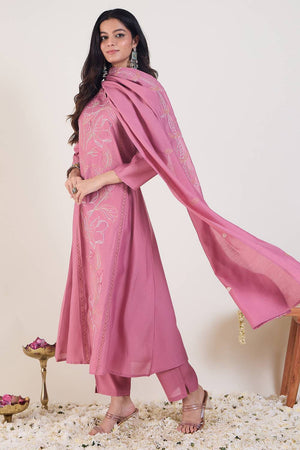 Pink Embroidered Silk Blend Kurti Pant Set (IDKH9PK12225)