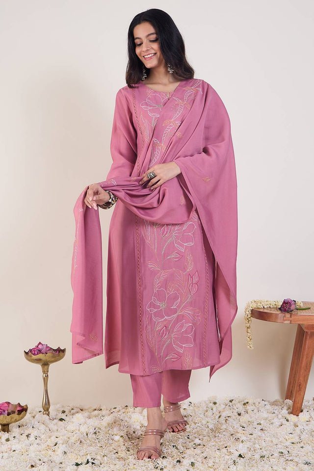 Pink Embroidered Silk Blend Kurti Pant Set (IDKH9PK12225)