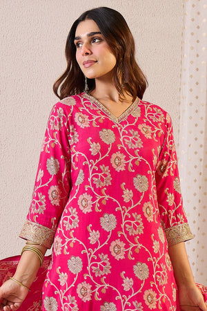 Pink Printed Chanderi Kurti Pant Set (IDKH9PK12296)