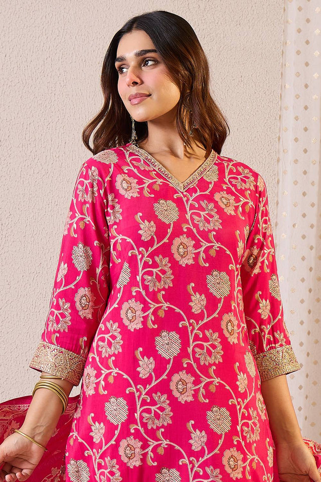 Pink Printed Chanderi Kurti Pant Set (IDKH9PK12296)