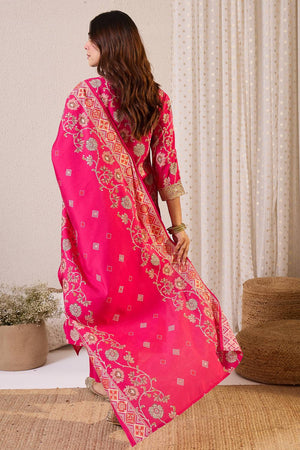 Pink Printed Chanderi Kurti Pant Set (IDKH9PK12296)