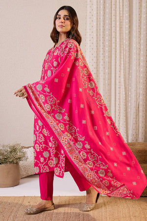 Pink Printed Chanderi Kurti Pant Set (IDKH9PK12296)