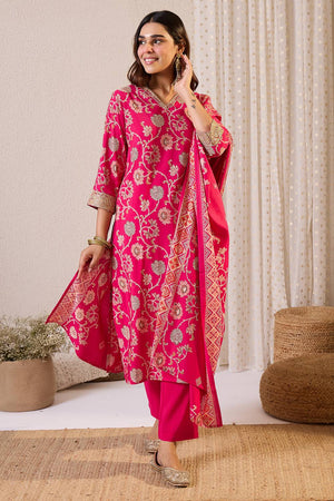 Pink Printed Chanderi Kurti Pant Set (IDKH9PK12296)