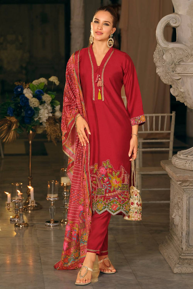 Pink Embroidered Silk Blend Kurti Pant Set (IDKH9PK12499)