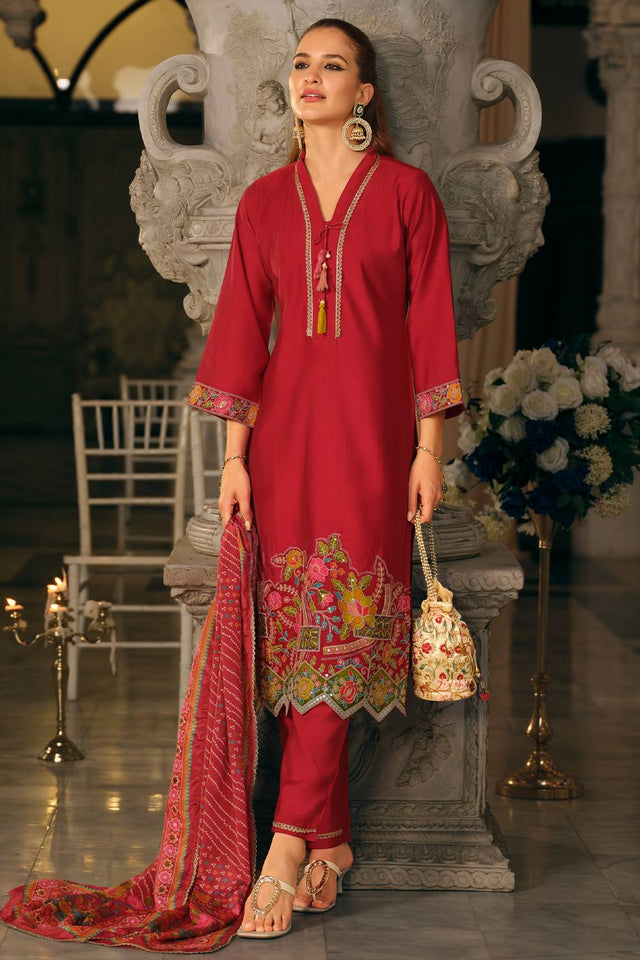 Pink Embroidered Silk Blend Kurti Pant Set (IDKH9PK12499)