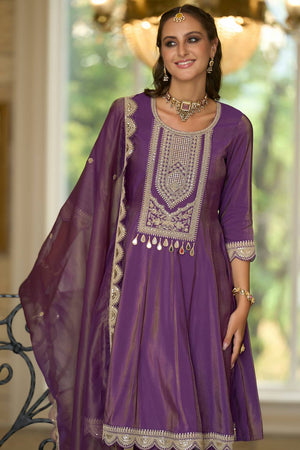 Violet Embroidered Silk Blend Kurti Pant Set (IDKH9PR11913)