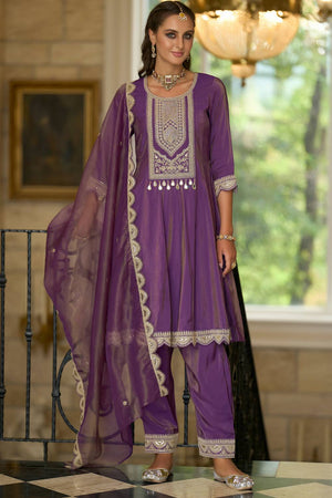 Violet Embroidered Silk Blend Kurti Pant Set (IDKH9PR11913)