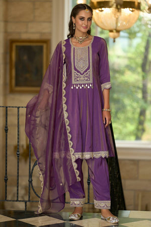 Violet Embroidered Silk Blend Kurti Pant Set (IDKH9PR11913)