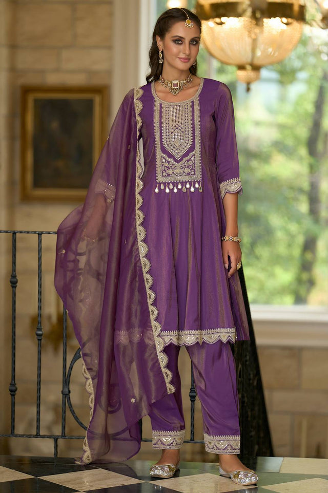 Violet Embroidered Silk Blend Kurti Pant Set (IDKH9PR11913)