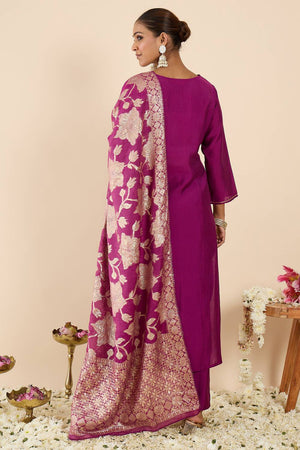 Violet Embroidered Silk Blend Kurti Pant Set (IDKH9PR12274)
