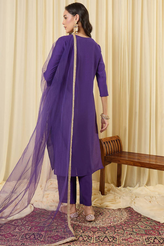 Violet Embroidered Silk Blend Kurti Pant Set (IDKH9PR12333)