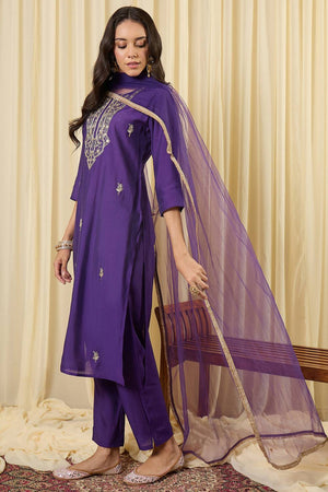 Violet Embroidered Silk Blend Kurti Pant Set (IDKH9PR12333)